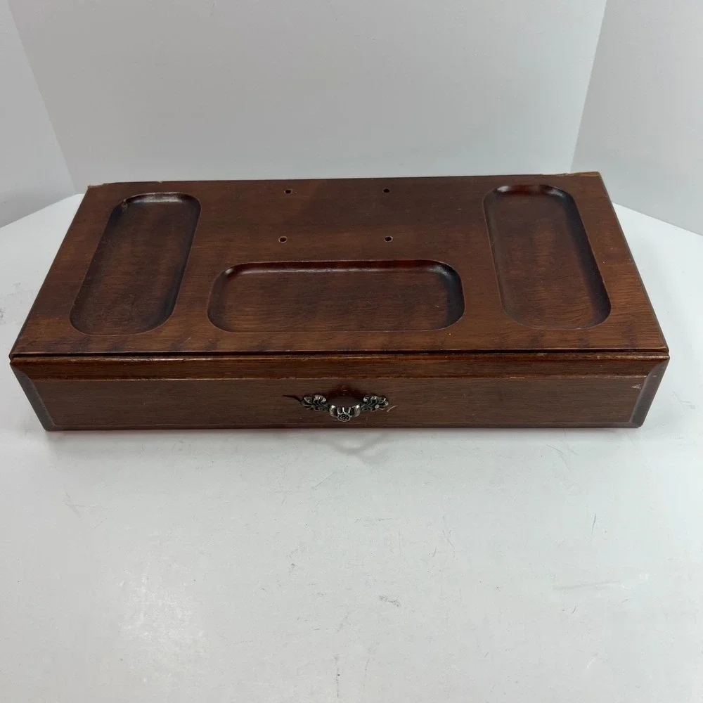 Vintage Wooden Valet Box Mens OS Brown Good Felt Lined Jewelry Drawer Organizer